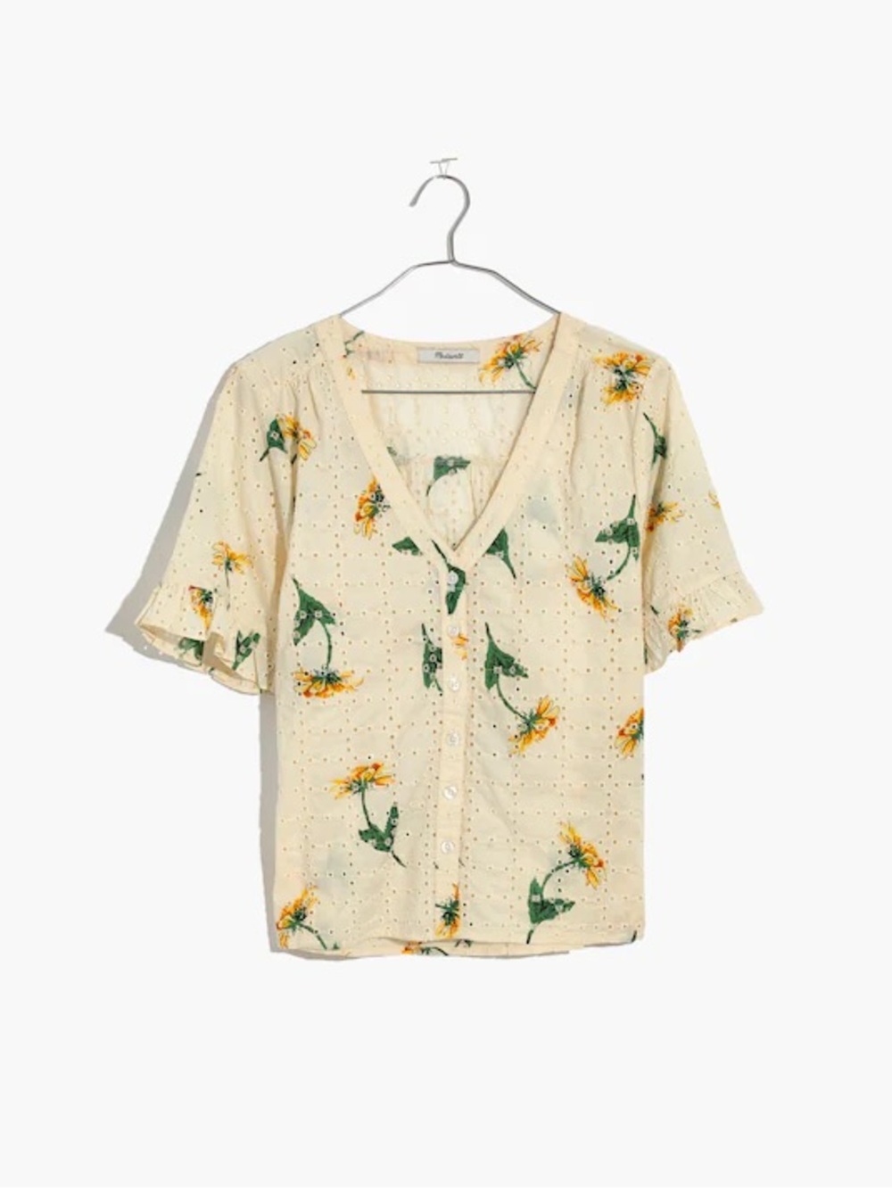 Madewell 100% Cotton Eyelet Village Ruffle-Sleeve Shirt in Sunflower Scatter